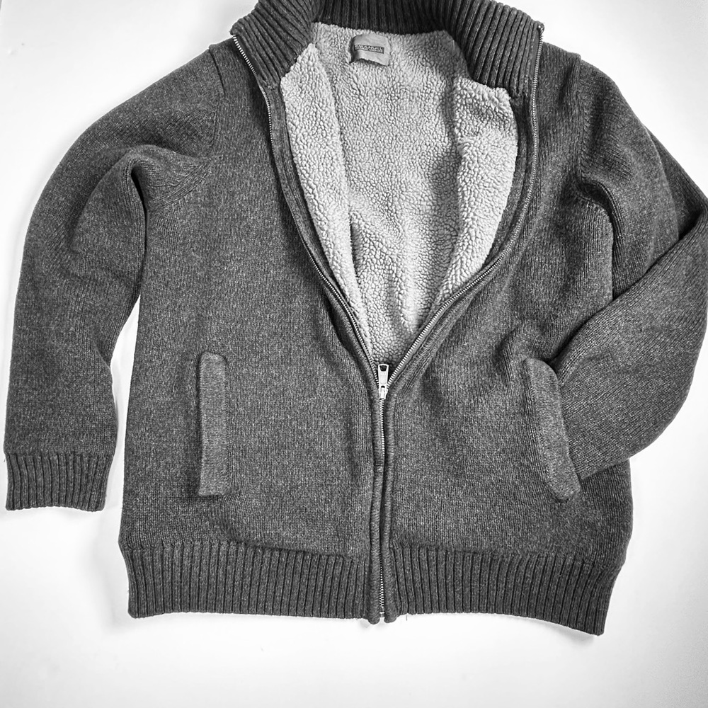 Emanuel Ungaro Charcoal Grey, Zip Sweater, Thick Sherpa, Casual Elegance, L